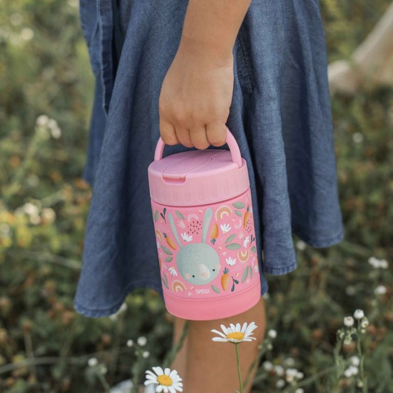 Portapranzo termico rosa per bambini decorato con coniglio, arcobaleni e carote in acciaio inossidabile, con cucchiaio incluso e maniglia estraibile per agevolare il trasporto
